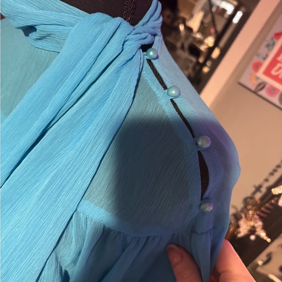 NWOT Fit2Go Womens Teal Blue Long-Sleeve Blouse with Neck Tie - Picture 2 of 4